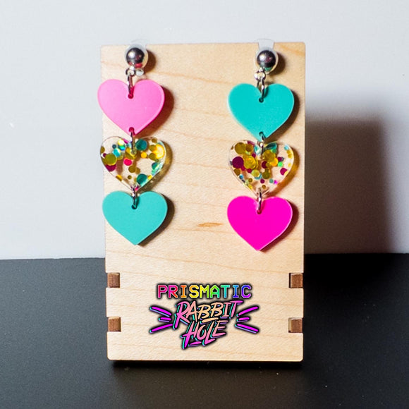 Teal and Pink Glittery Heart Stack Earrings