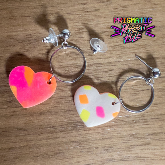 White and Neon Heart Shaped Clay Earrings