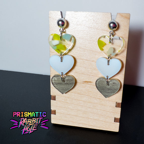 Blue and Green Terrazzo and Wooden Heart Stack Earrings