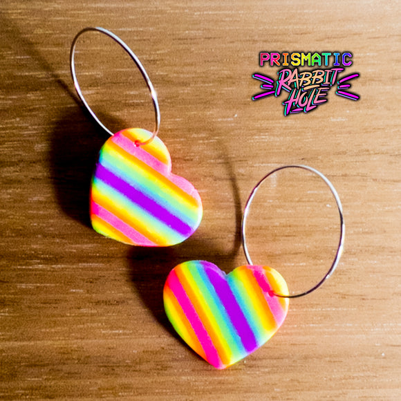 Striped Neon Rainbow Heart Hoop Earrings